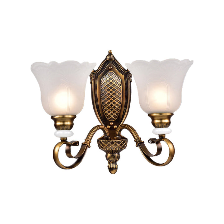 Skørter | Retro Floral Wall Light 1/2-Light White Glass Wall Mounted Lamp with Metal Twisted Arm in Bronze