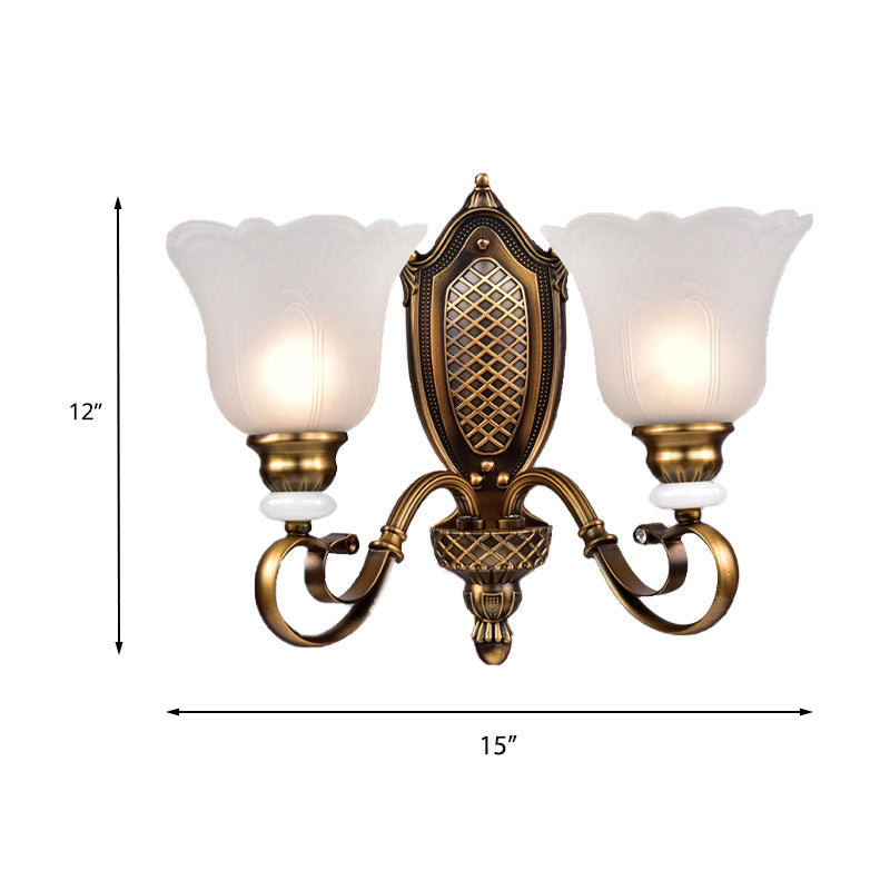 Skørter | Retro Floral Wall Light 1/2-Light White Glass Wall Mounted Lamp with Metal Twisted Arm in Bronze