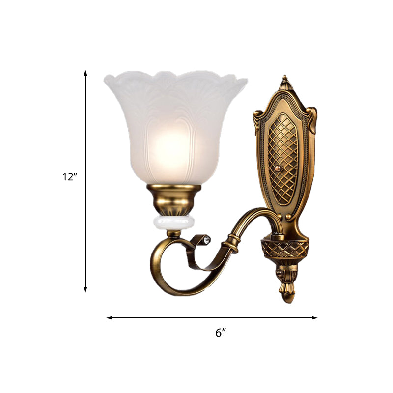 Skørter | Retro Floral Wall Light 1/2-Light White Glass Wall Mounted Lamp with Metal Twisted Arm in Bronze
