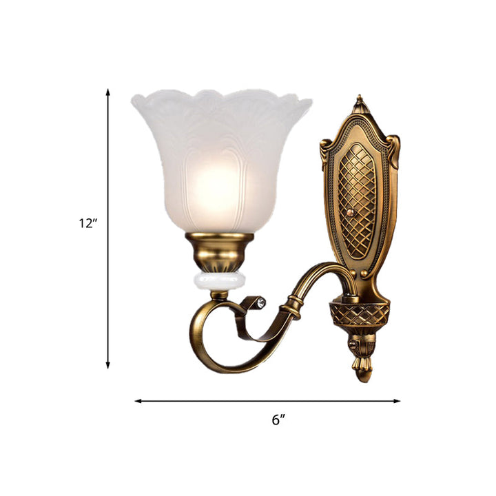 Skørter | Retro Floral Wall Light 1/2-Light White Glass Wall Mounted Lamp with Metal Twisted Arm in Bronze
