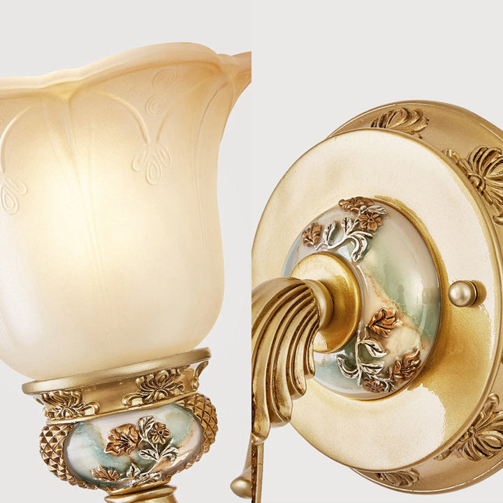 Skørter | 1 Bulb White Glass Wall Lantern Traditional Golden Floral Shade Dining Room Wall Light with Arch Arm