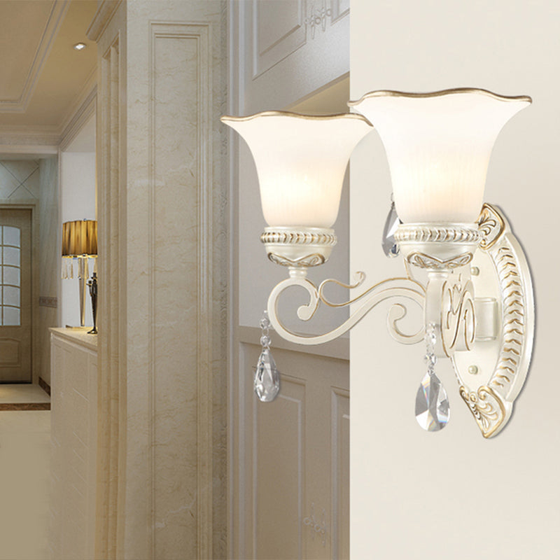Skørter | 1/2-Pear Frosted Glass Wall Lamp White Flowers Shade Living Room Wall Light with Crystal Accent