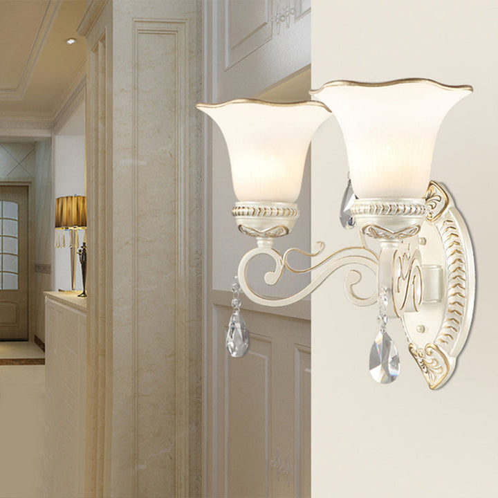 Skørter | 1/2-Pear Frosted Glass Wall Lamp White Flowers Shade Living Room Wall Light with Crystal Accent