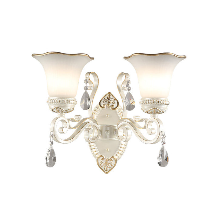 Skørter | 1/2-Pear Frosted Glass Wall Lamp White Flowers Shade Living Room Wall Light with Crystal Accent