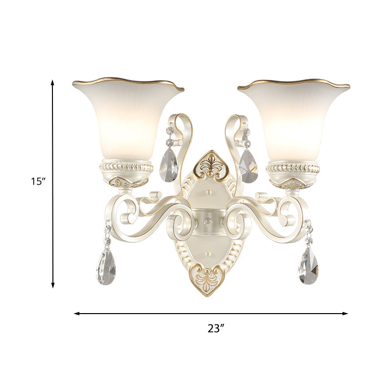 Skørter | 1/2-Pear Frosted Glass Wall Lamp White Flowers Shade Living Room Wall Light with Crystal Accent