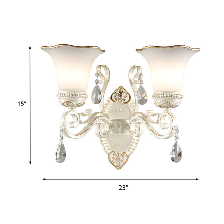 Skørter | 1/2-Pear Frosted Glass Wall Lamp White Flowers Shade Living Room Wall Light with Crystal Accent