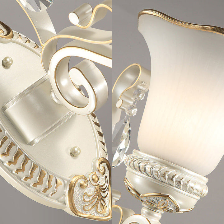 Skørter | 1/2-Pear Frosted Glass Wall Lamp White Flowers Shade Living Room Wall Light with Crystal Accent