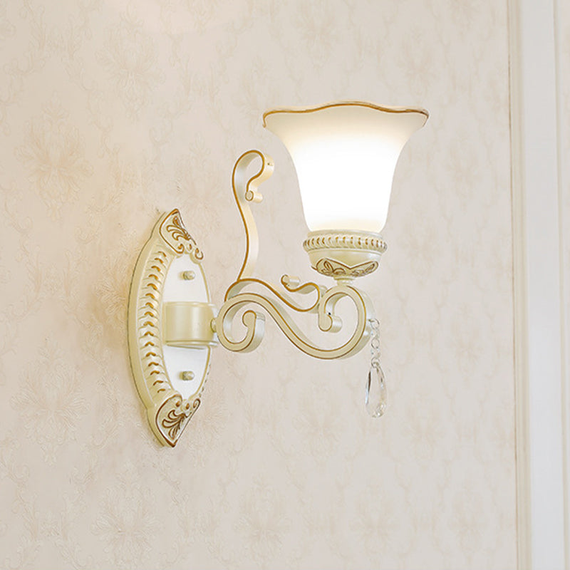 Skørter | 1/2-Pear Frosted Glass Wall Lamp White Flowers Shade Living Room Wall Light with Crystal Accent