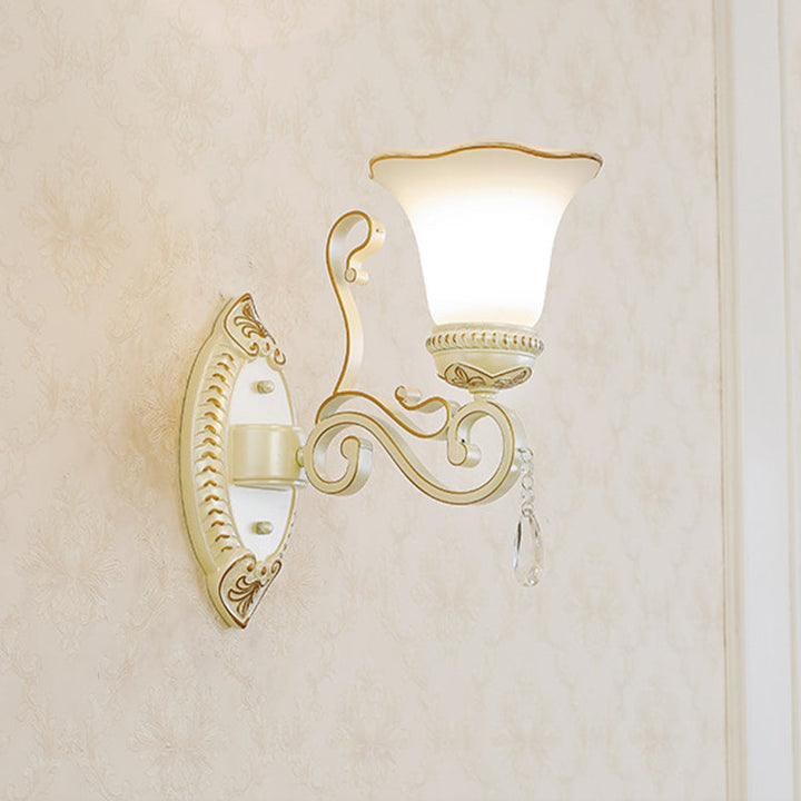 Skørter | 1/2-Pear Frosted Glass Wall Lamp White Flowers Shade Living Room Wall Light with Crystal Accent