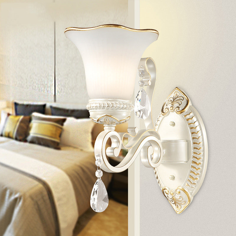 Skørter | 1/2-Pear Frosted Glass Wall Lamp White Flowers Shade Living Room Wall Light with Crystal Accent