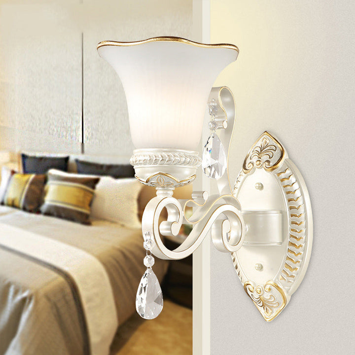 Skørter | 1/2-Pear Frosted Glass Wall Lamp White Flowers Shade Living Room Wall Light with Crystal Accent