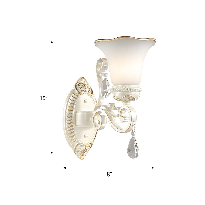 Skørter | 1/2-Pear Frosted Glass Wall Lamp White Flowers Shade Living Room Wall Light with Crystal Accent