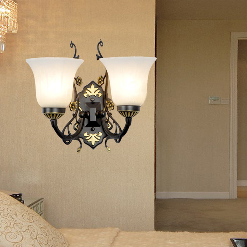 Skørter | Bell living room wall lamp vintage style metal 1/2 lights black wall lamp with white glass shade