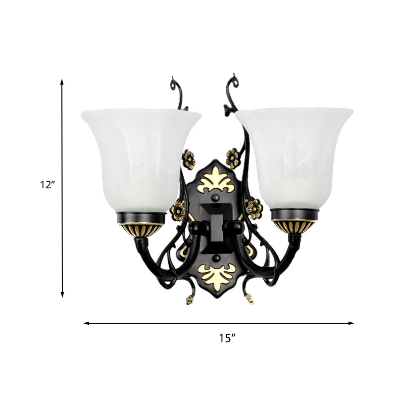 Skørter | Bell living room wall lamp vintage style metal 1/2 lights black wall lamp with white glass shade