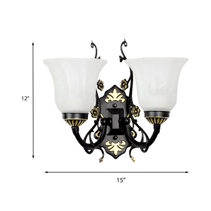 Skørter | Bell living room wall lamp vintage style metal 1/2 lights black wall lamp with white glass shade