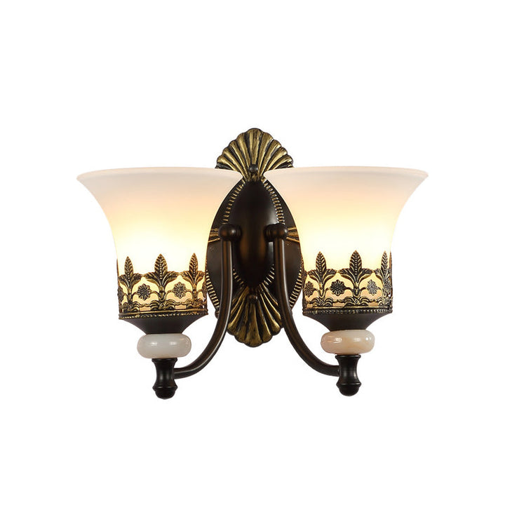 Skørter | Black Bell Wall Lamp Traditional White Glass Shade 1/2-Light Bedroom Wall Light with Metallic Curved Arm