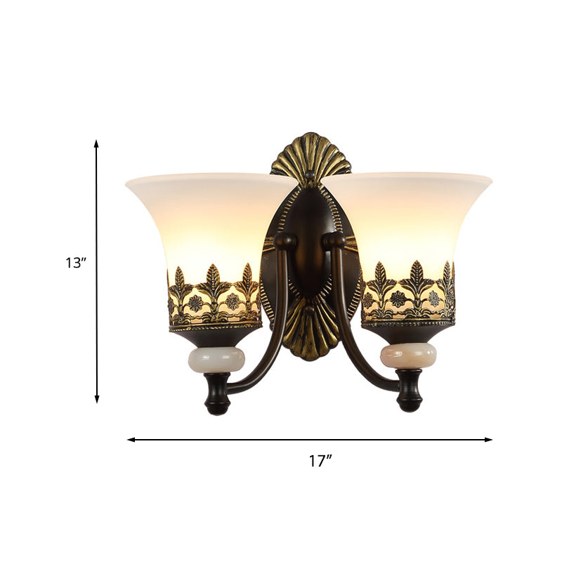 Skørter | Black Bell Wall Lamp Traditional White Glass Shade 1/2-Light Bedroom Wall Light with Metallic Curved Arm