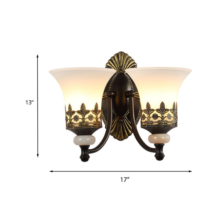Skørter | Black Bell Wall Lamp Traditional White Glass Shade 1/2-Light Bedroom Wall Light with Metallic Curved Arm