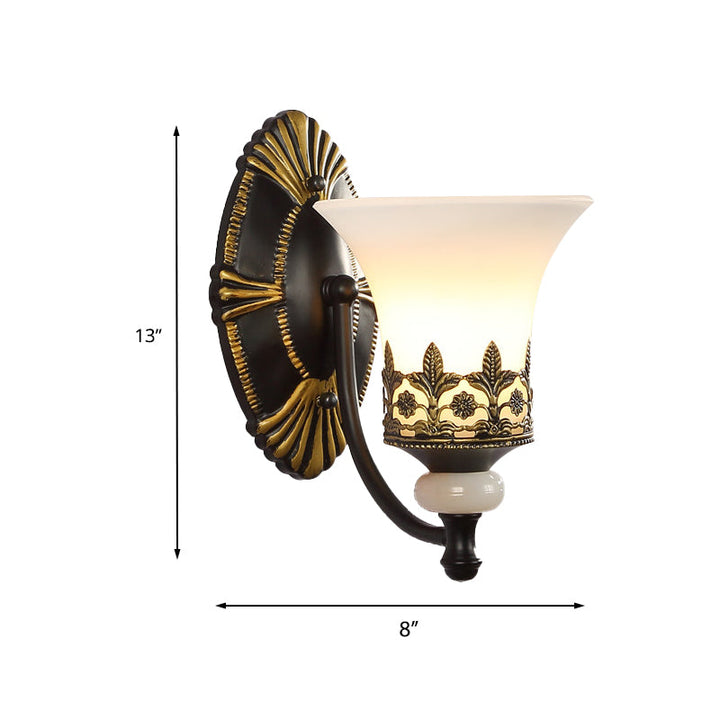 Skørter | Black Bell Wall Lamp Traditional White Glass Shade 1/2-Light Bedroom Wall Light with Metallic Curved Arm