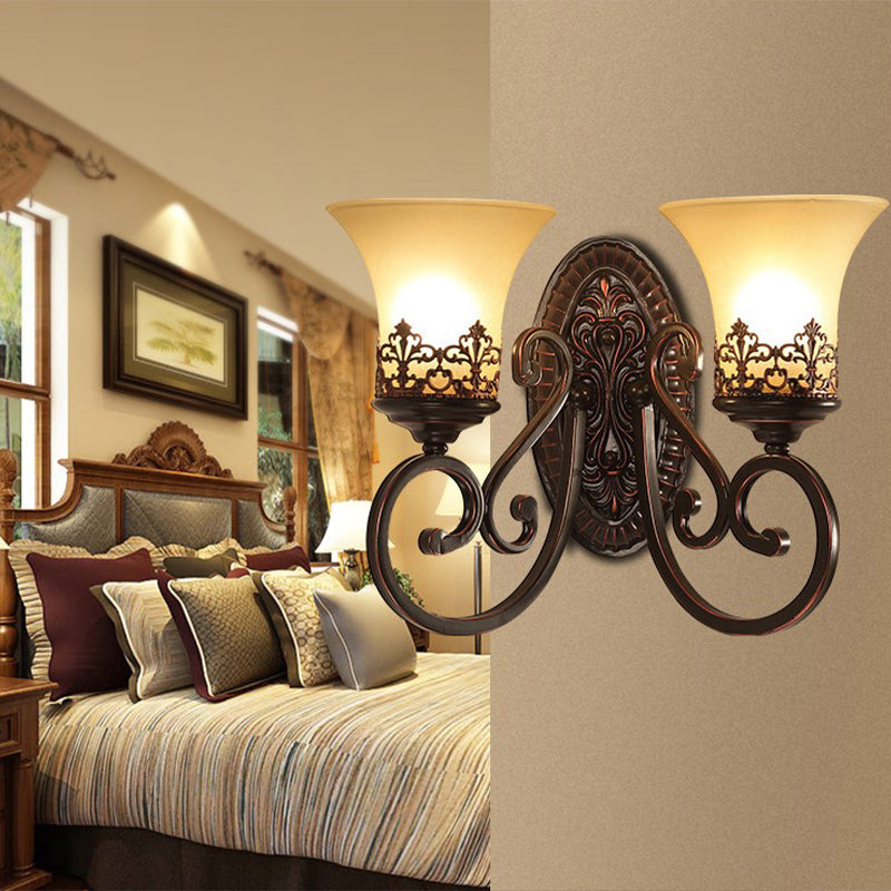 Skørter | Frosted Glass Red Brown Wall Lamp Bell 1/2-Bulb Vintage Wall Lamp Fixture with Engraved Backplate for Bedroom