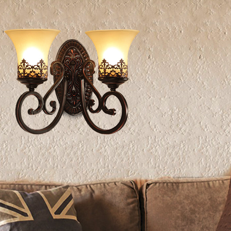 Skørter | Frosted Glass Red Brown Wall Lamp Bell 1/2-Bulb Vintage Wall Lamp Fixture with Engraved Backplate for Bedroom