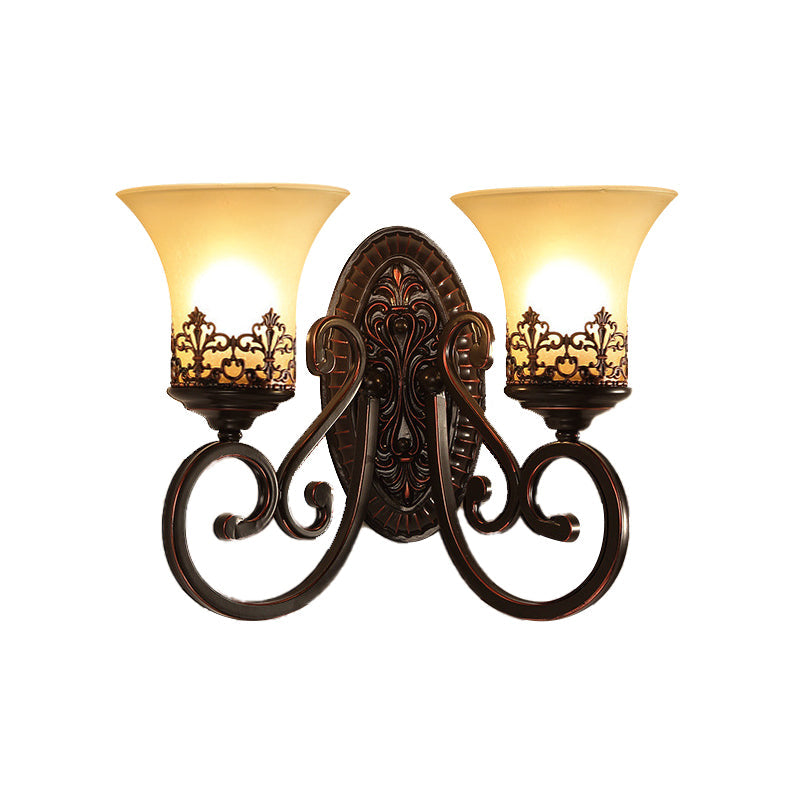 Skørter | Frosted Glass Red Brown Wall Lamp Bell 1/2-Bulb Vintage Wall Lamp Fixture with Engraved Backplate for Bedroom