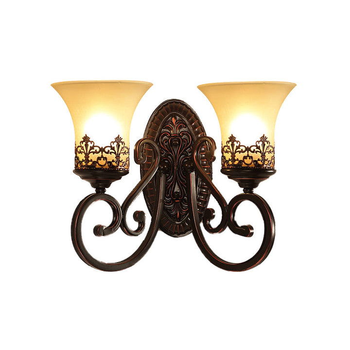 Skørter | Frosted Glass Red Brown Wall Lamp Bell 1/2-Bulb Vintage Wall Lamp Fixture with Engraved Backplate for Bedroom