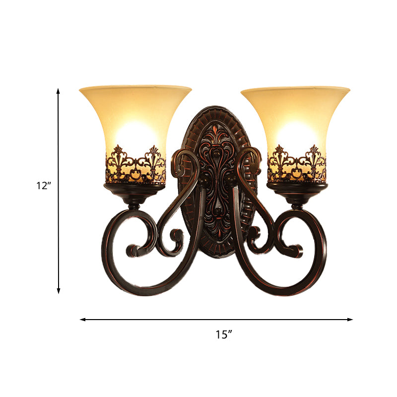 Skørter | Frosted Glass Red Brown Wall Lamp Bell 1/2-Bulb Vintage Wall Lamp Fixture with Engraved Backplate for Bedroom