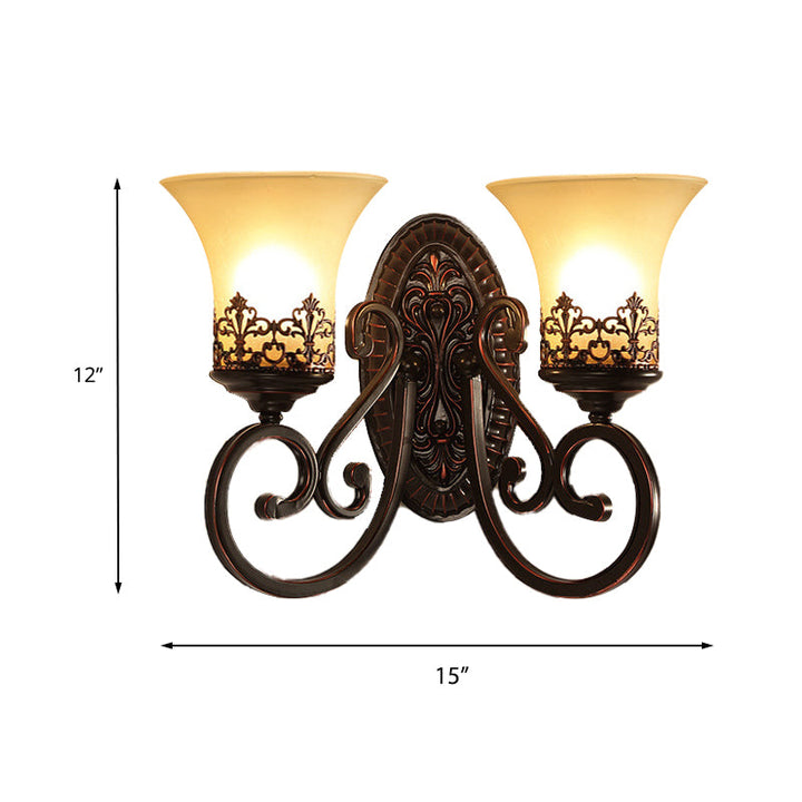 Skørter | Frosted Glass Red Brown Wall Lamp Bell 1/2-Bulb Vintage Wall Lamp Fixture with Engraved Backplate for Bedroom