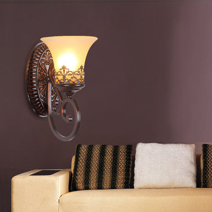 Skørter | Frosted Glass Red Brown Wall Lamp Bell 1/2-Bulb Vintage Wall Lamp Fixture with Engraved Backplate for Bedroom