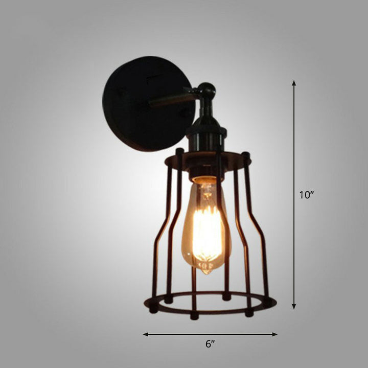 Lisslune | Iron Cage Wall Light Retro Style 1 Head Living Room Wall Lighting Lamp in Black