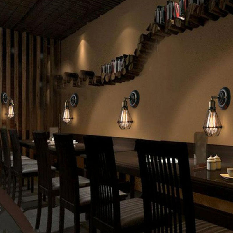 Lisslune | One-bulb wall-mounted light industrial pear cage iron wall light fixture in black