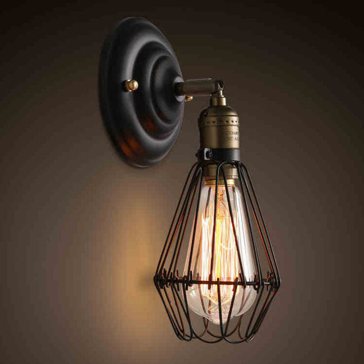 Lisslune | One-bulb wall-mounted light industrial pear cage iron wall light fixture in black
