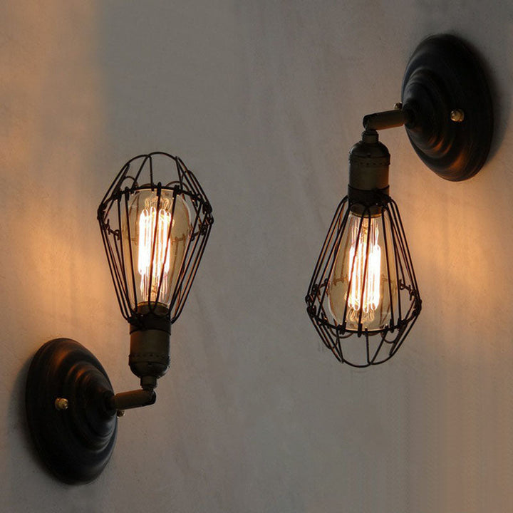 Lisslune | One-bulb wall-mounted light industrial pear cage iron wall light fixture in black