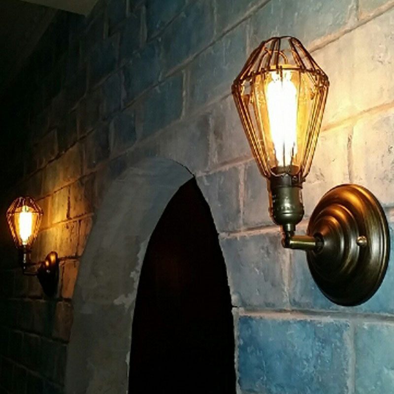 Lisslune | One-bulb wall-mounted light industrial pear cage iron wall light fixture in black