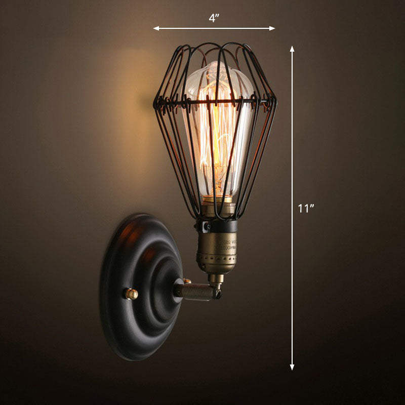 Lisslune | One-bulb wall-mounted light industrial pear cage iron wall light fixture in black