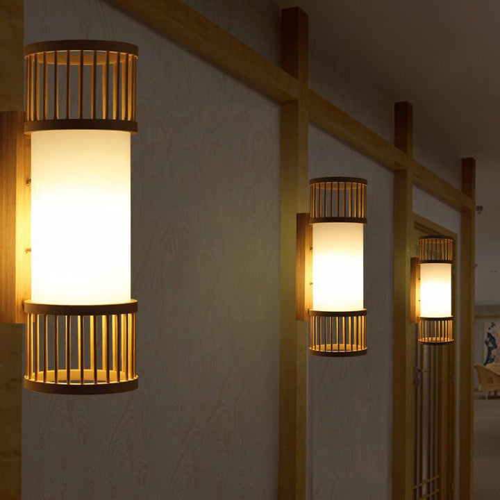 Skørter | Cylindrical Wall Mount Light Modern Bamboo Single Wood Wall Light Fixture for Hallway