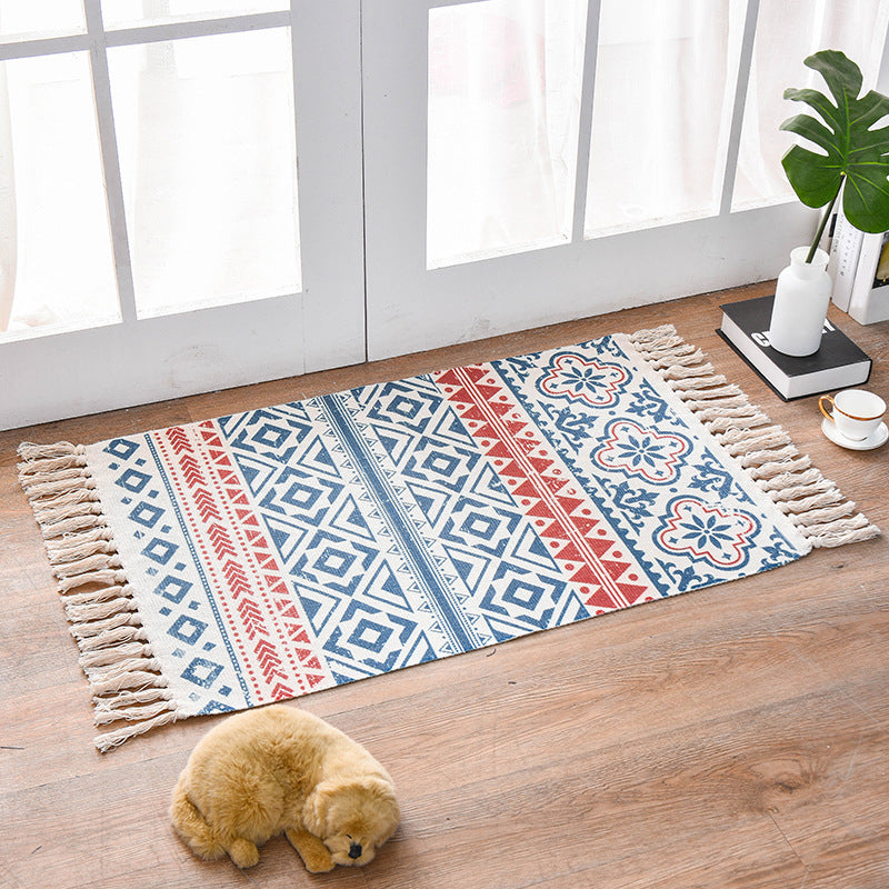 Lisslune | Southwestern Bedroom Rug Multicolor Geometric Print Rug Polypropylene Machine Washable Rug with Fringes
