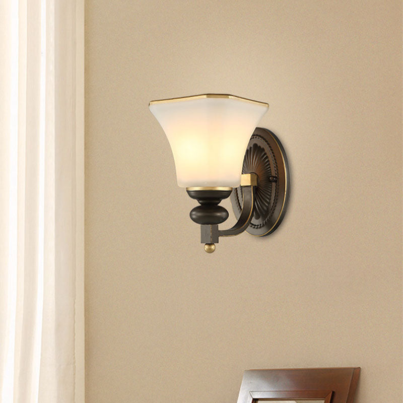 Skørter | Retro Bell Wall Lamp 1 Light Frosted Glass Wall Sconce Light with Metal Curved Arm in Black for Veranda