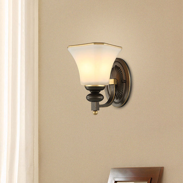 Skørter | Retro Bell Wall Lamp 1 Light Frosted Glass Wall Sconce Light with Metal Curved Arm in Black for Veranda
