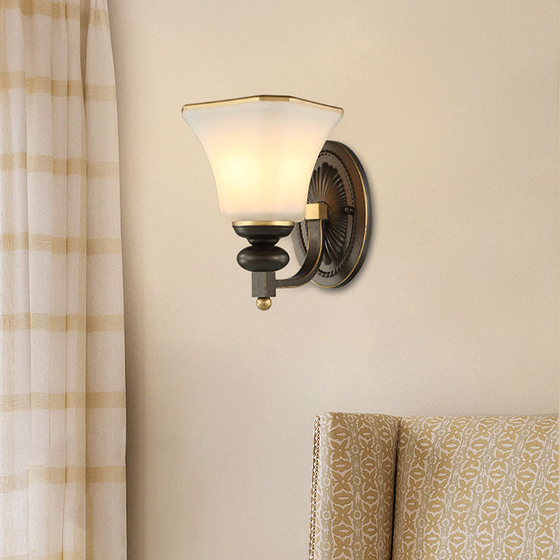 Skørter | Retro Bell Wall Lamp 1 Light Frosted Glass Wall Sconce Light with Metal Curved Arm in Black for Veranda