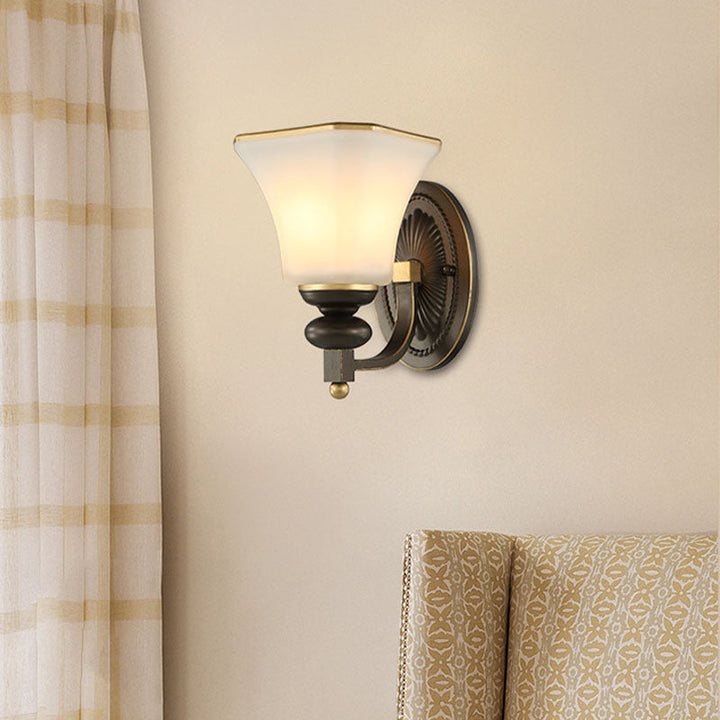 Skørter | Retro Bell Wall Lamp 1 Light Frosted Glass Wall Sconce Light with Metal Curved Arm in Black for Veranda