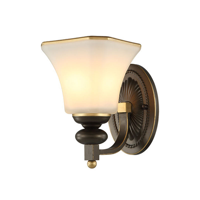 Skørter | Retro Bell Wall Lamp 1 Light Frosted Glass Wall Sconce Light with Metal Curved Arm in Black for Veranda