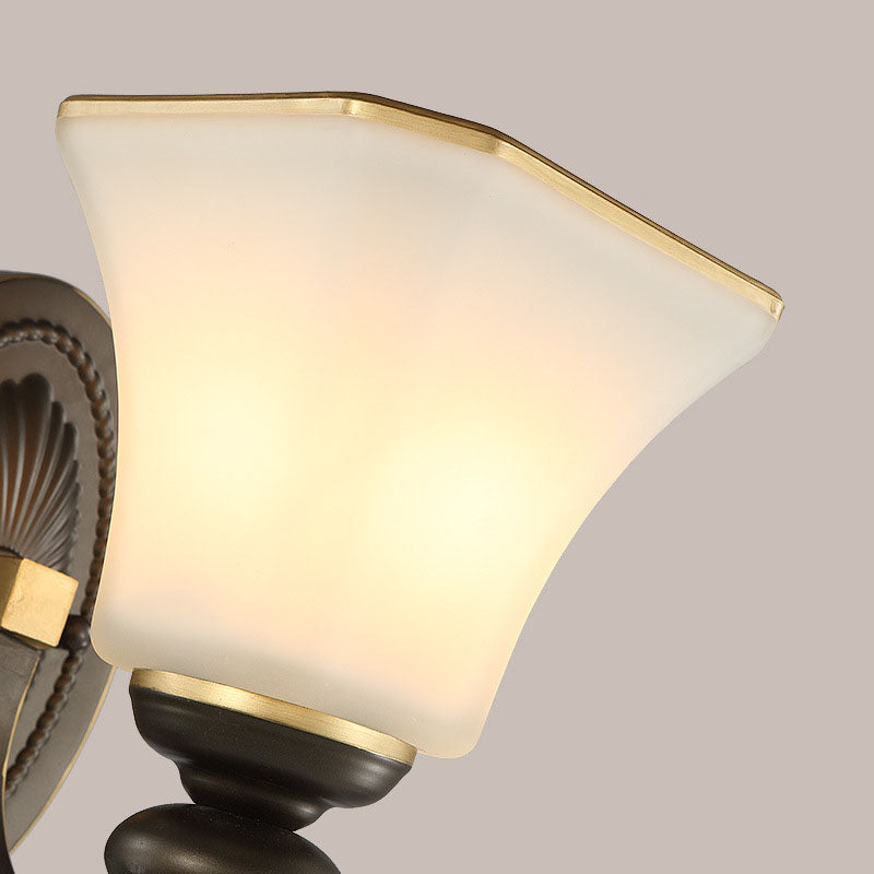 Skørter | Retro Bell Wall Lamp 1 Light Frosted Glass Wall Sconce Light with Metal Curved Arm in Black for Veranda