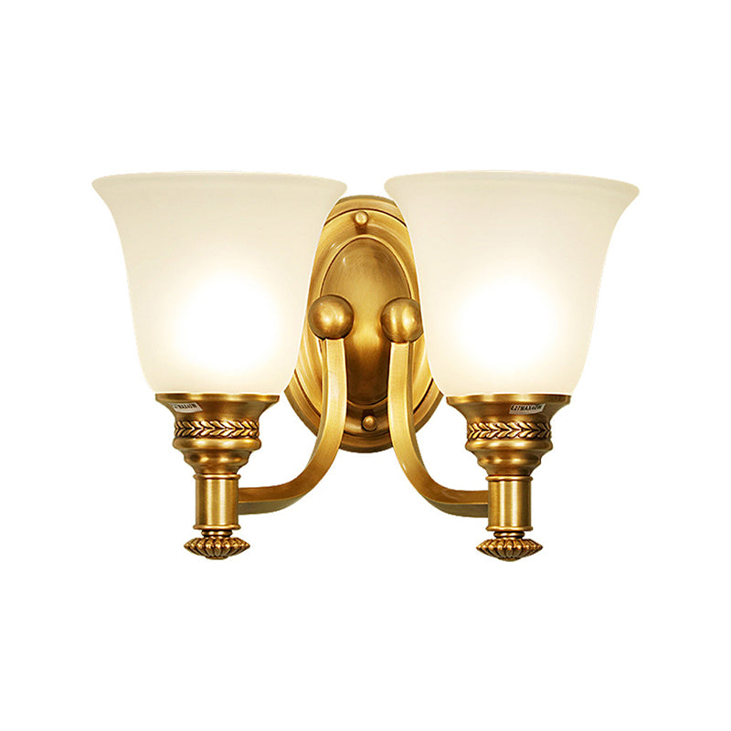 Skørter | Brass Bell Wall-Mounted Light Traditional White Glass Shade 1/2-Light Bedroom Wall Sconce with Metal Curved Arm