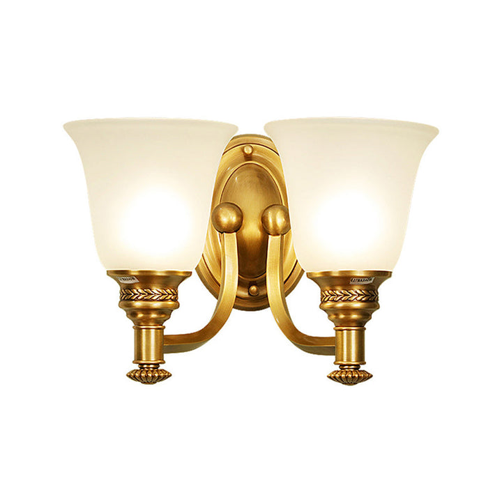 Skørter | Brass Bell Wall-Mounted Light Traditional White Glass Shade 1/2-Light Bedroom Wall Sconce with Metal Curved Arm