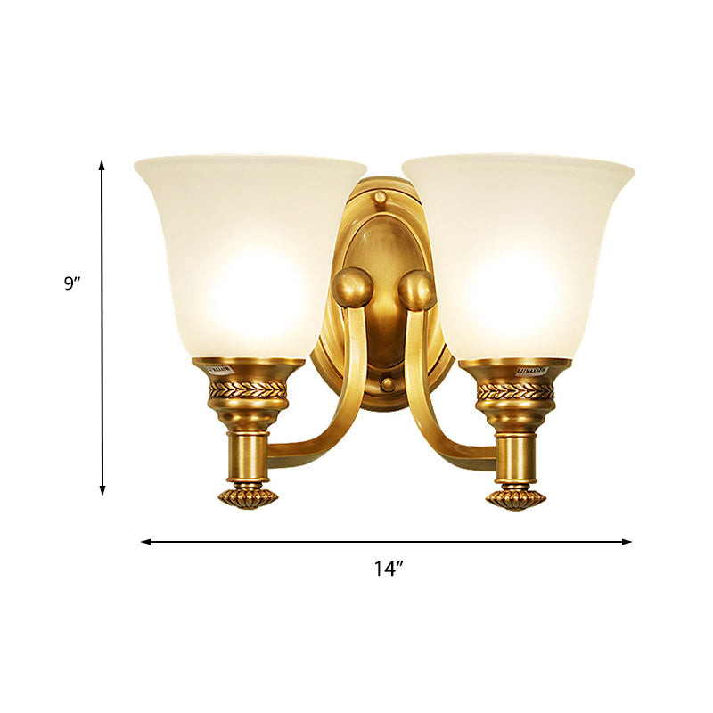Skørter | Brass Bell Wall-Mounted Light Traditional White Glass Shade 1/2-Light Bedroom Wall Sconce with Metal Curved Arm