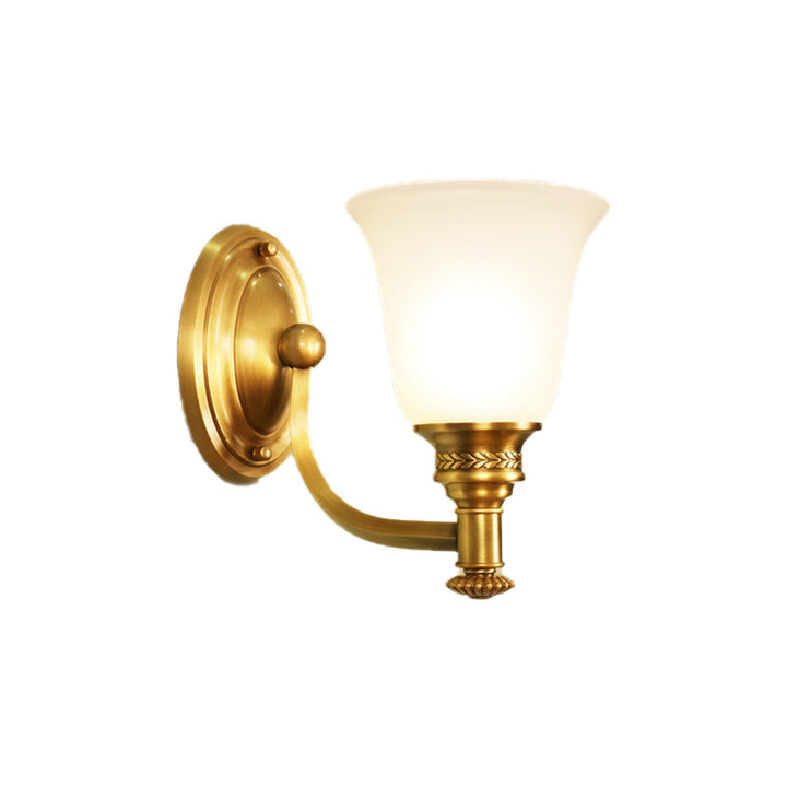 Skørter | Brass Bell Wall-Mounted Light Traditional White Glass Shade 1/2-Light Bedroom Wall Sconce with Metal Curved Arm