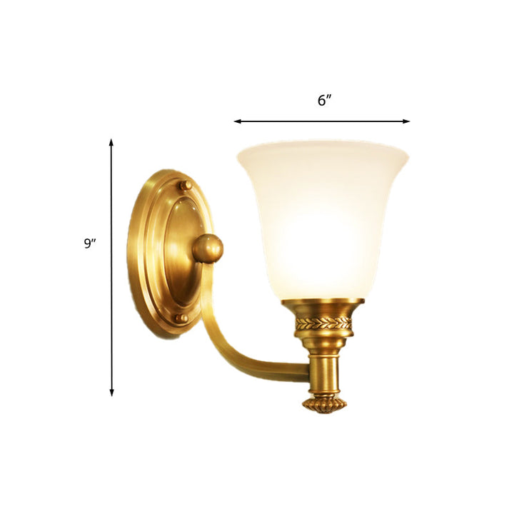 Skørter | Brass Bell Wall-Mounted Light Traditional White Glass Shade 1/2-Light Bedroom Wall Sconce with Metal Curved Arm