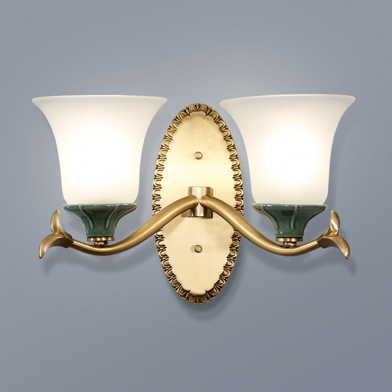 Skørter | Frosted Glass Brass Wall Lamp Bell 1/2-Light Vintage Wall Mount Lighting Fixture with Elliptical Backplate for Entrance
